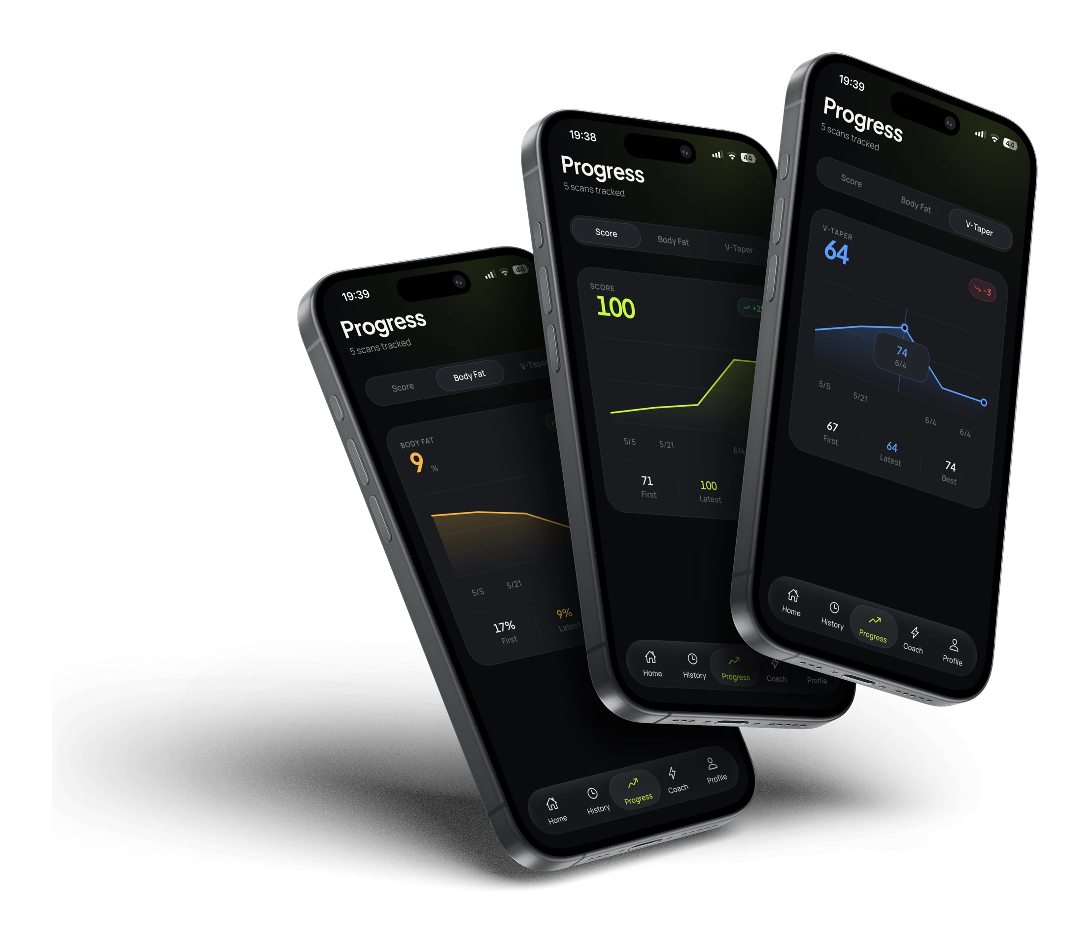 Aesthetix progress screens on three phones